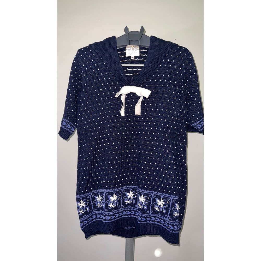 Vintage Susan Bristol Sweater Sailor Collar Navy Blue Hand Embroidered Bow M EUC